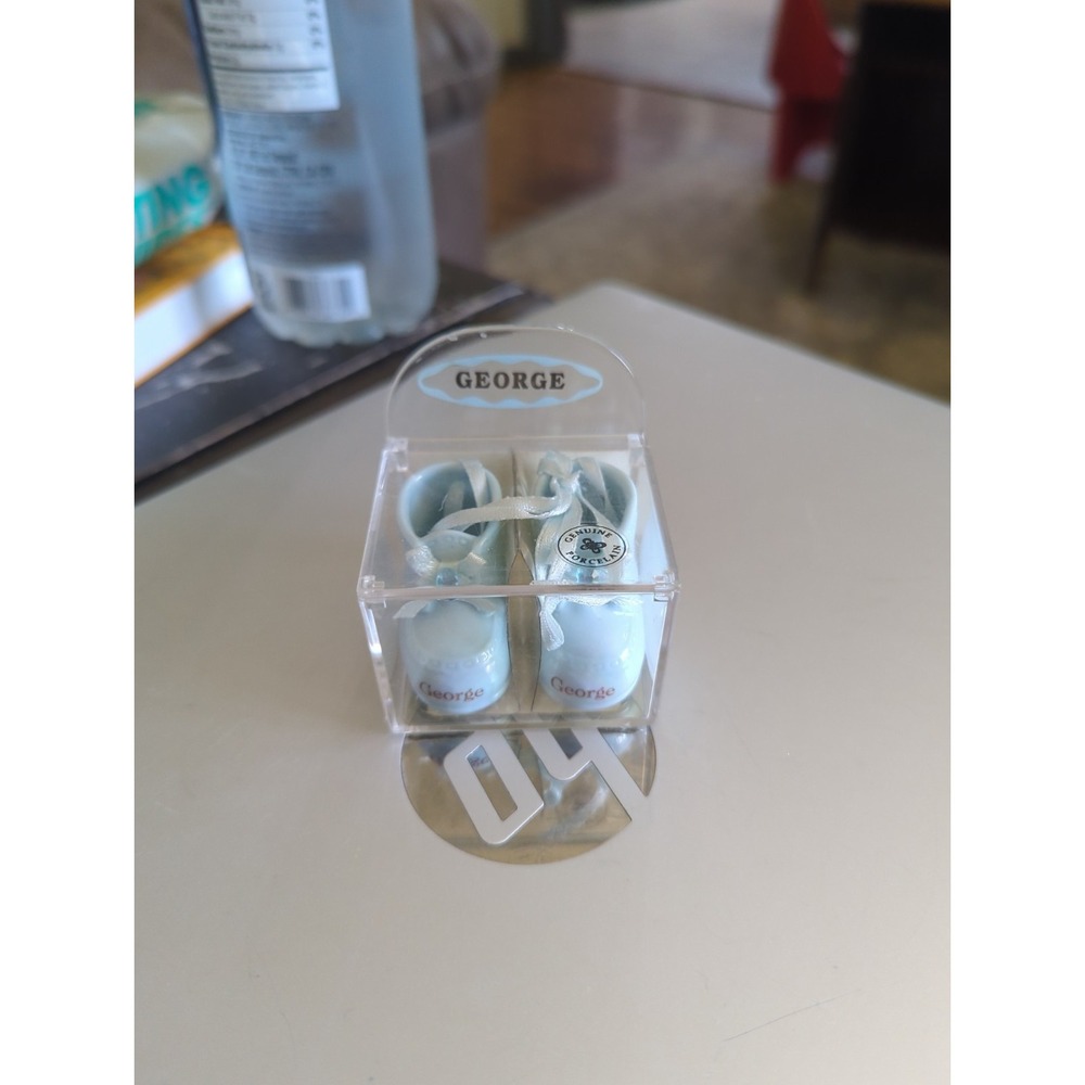 Vintage Russ Berrie Name Porcelain Baby Boy Booties Ornament "George" Blue